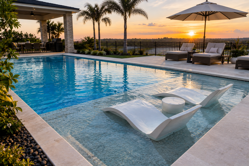Baja shelf with submerged loungers in a swimming pool at sunset.